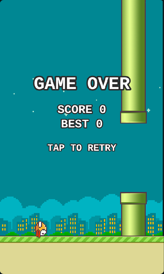 The game over screen: GAME OVER, score, best, and the bird face down on the ground next to a pipe